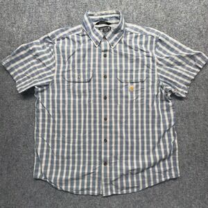 Carhartt Mens XL Loose Fit Short Sleeve Plaid Button Down Work Shirt Blue White